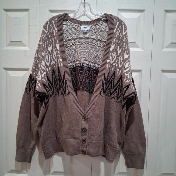 Old Navy Grandpacore Brown Geometric Fair Isle V-Neck Cardigan Sweater XXL Euc - Picture 1 of 5